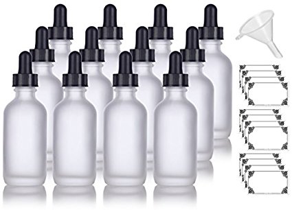 2 oz Frosted Clear Glass Boston Round Dropper Bottle (12 pack)   Funnel and Labels for cosmetics, serums, essential oils, aromatherapy, food grade, bpa free
