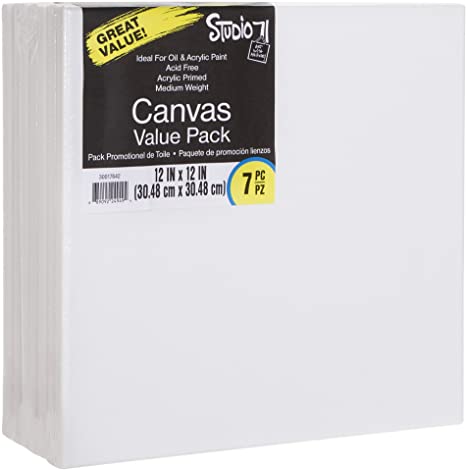 Darice Studio 71, 7 Piece, 12 by 12 inch, Stretched Canvas Value Pack, Pack of 7, White