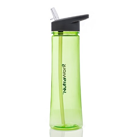 NutraWork Sports Tritan Plastic Water Bottle with Straw, Flip Top Spout , BPA FREE, Wide Mouth, 22oz Portable and Fits in Cup Holders.