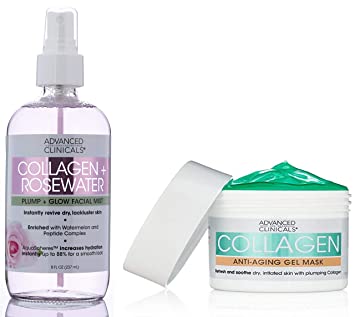 Advanced Clinicals Collagen Anti-Aging Skin Care Set for Face. Collagen Gel Mask Plumps & Moisturizers Dry Skin. Collagen   Rosewater Facial Mist Toner Hydrates Dry Skin. Set of 2.