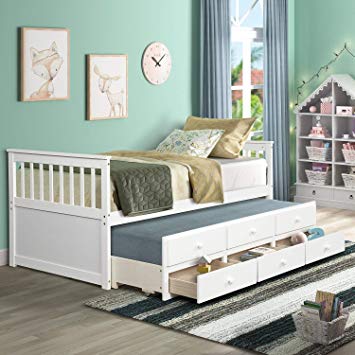 Danxee Wood Bed Captain's Bed Storage Twin Daybed with Trundle Bed and Storage Drawers Platform Bed Kids Bed (White)