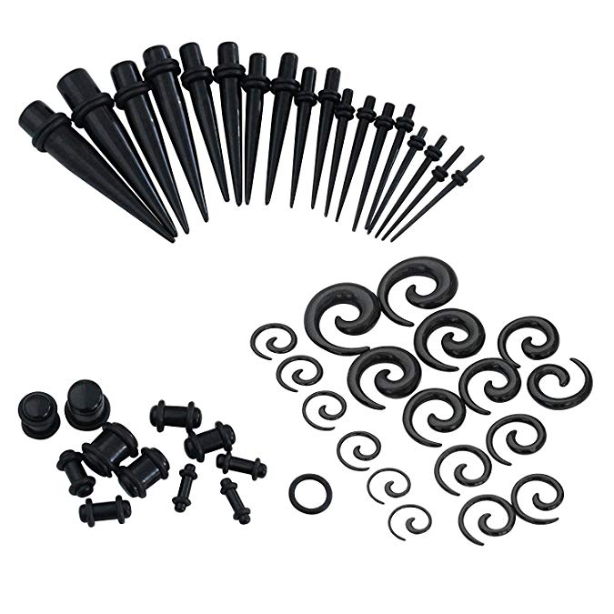 CrazyPiercing 54 Pieces Gauges Kit Black Spiral Tapers and Straight Taper with Plugs 14G-00G Stretching Kit - 27 Pairs