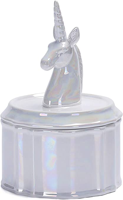 Bico Iridescent(Pearlized Glaze) Unicorn Ceramic Jewelry Case Trinket Ring Holder, Case 4.4 inch Diameter, Wedding Anniversary, Birthday, Bridal Gift, for Bathroom, Kithchen, Night Stand