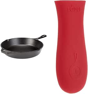 Lodge 13-1/4-Inch Pre-Seasoned Skillet & Silicone Hot Handle Holder - Red Heat Protecting Silicone Handle Cast Iron Skillets with Keyhole Handle