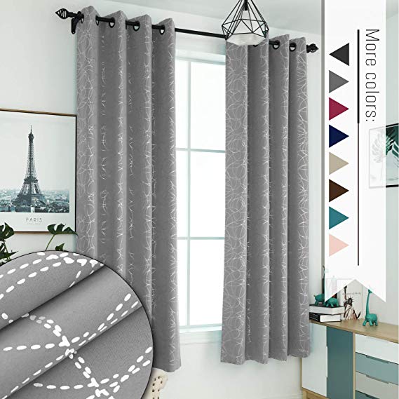 Sophia & William 52" W x 95" L Blackout Curtains with Grommets Thermal Insulated, Hot Stamping (Silver) Stitched Swirl Pattern - 2 Panels, Charcoal Gray