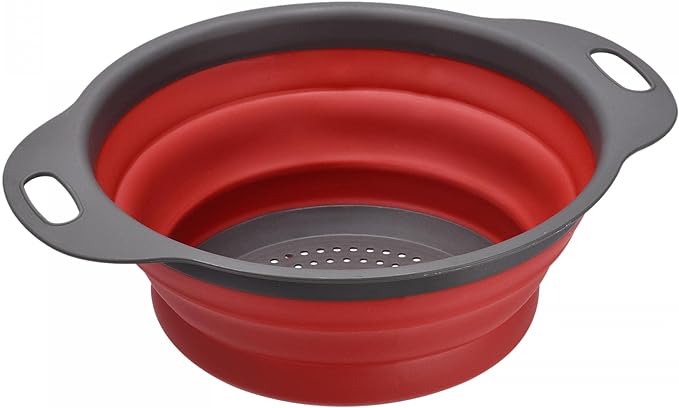 uxcell Collapsible Colander, Silicone Round Foldable Strainer with Handle Space Saving Suitable for Pasta, Vegetables, Fruits - Red Diameter Sizes 8in