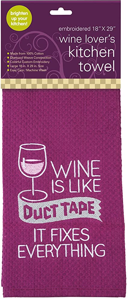 Chris's Stuff 29" x 18" Embroidered Kitchen Cotton Towel for Wine Lovers - Funny Quote [ Wine is Like Duct Tape ]