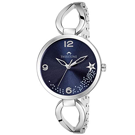 SWISSTONE Analogue Blue Dial Silver Plated Women's Bracelet Wrist Watch