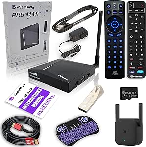 2024 New vSeeBox Pro Max Bundle with Remote Control, 8K HDMI Cable, 64GB TF Card, 64GB USB Drive, WiFi Extender, Backlit Keyboard (Detailed Setup Guide, CA Support) - Android 10, 4GB RAM, 32GB Storage