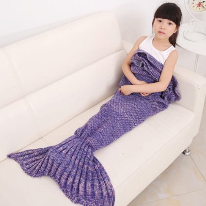 Girls Crochet Mermaid Tail Blanket Knitting Handcraft for Kids, All Seasons Sleeping Bag Blanket(55.1'' x 27.6'')(Purple)