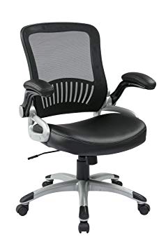 Office Star Breathable Screen Back and Bonded Leather Seat Managers Chair with Flip Arms and Silver Coated Accents, Black