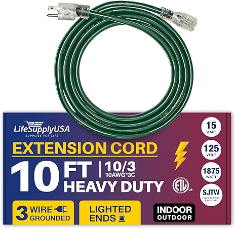 10 ft Power Extension Cord Outdoor & Indoor Heavy Duty 10 Gauge/3 Prong SJTW (Green) Lighted end Extra Durability 15 AMP 125 Volts 1875 Watts ETL Listed by LifeSupplyUSA