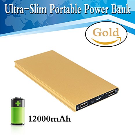 ToHLo Power Bank,External Battery Pack,12000mAh Ultra Slim Dual USB Portable External Power Bank Charger for iPhone 6 7 Plus 6s 5s,iPad,Galaxy S7 S6 S5 Note,and more Phones Tablets(Gold)