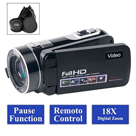 Camcorder Video Camera Full HD 1080p 24.0MP Camcorders with Wide Angle Closeup Lens Support Remote Controller