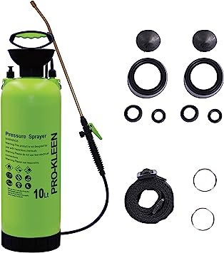 Pro-Kleen Garden Pressure Pump Sprayer Manual Action 10L - Brass Lance - 2 x Spare Seal Kits- For Weed Killer, Pesticides, Herbicides, Insecticides, Fungicides (10 Litre)