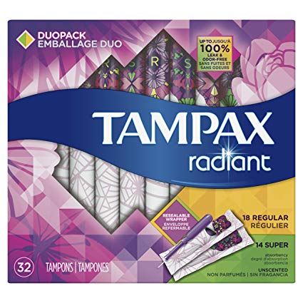 Tampax Radiant DuoPack (Regular and Super) Plastic Tampons, Unscented, 32 Count