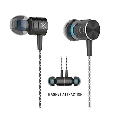 Earphones,Magnet Attraction In-Ear Headphones Sport Earbuds Earphones Stereo Bass 3.5mm Jack Headset with Mic and Volume Control (Black)