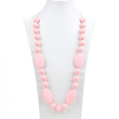 Silicone Teething Necklace - 12 Color Choices - Baby Safe For Mom To Wear - BPA-Free Chew Beads - Stylish & Natural "Cora" (Rose Blush)
