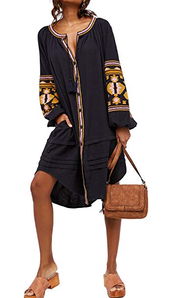 R.Vivimos Women Autumn Long Sleeve Embroidery Oversized Single Breasted Button up Dresses