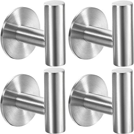 Vuzvuv Adhesive Hooks Brushed Nickel SUS304 Stainless Steel Towel Hooks Heavy Duty Waterproof Wall Hooks Self Adhesive Coat Robe Towel Hooks for Bathrooms Kitchen Hotel Wall Mounted Hooks - 4 Pack