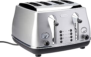 De'Longhi Icona Classic 4 Slice Toaster CTO4003.S, Reheat, Cancel and Defrost Functions, 6 Browning Levels, Removable Crumb Tray, Extra-Lift Position, 1800W, Silver