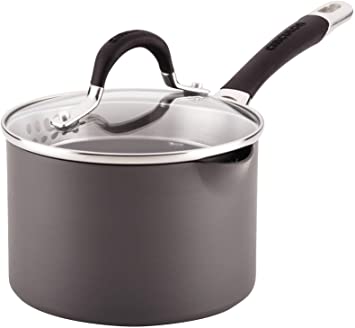 Circulon Momentum Hard-Anodized Nonstick 2-Quart Covered Straining Saucepan with Pour Spouts - Gray