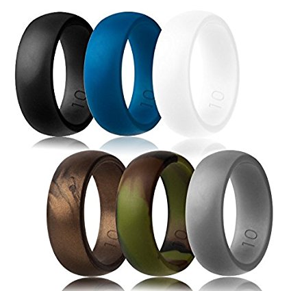 Silicone Wedding Ring,Silicone Wedding Band for Men,Camo,6 Pack, Metal Look Silver, Black, Grey, Blue
