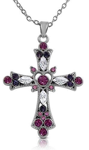 Pretty Purple and Pink Crystal 1-1/2" Religious Cross Pendant Necklace for Teens and Women