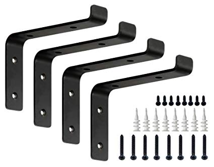 Mkono 4x6 Inches Wall Shelf Brackets with Lip Metal Right Angle Corner Brace Hanging DIY Shelving Hooks for Indoor Floating Shelves, Matte Black, Pack of 4