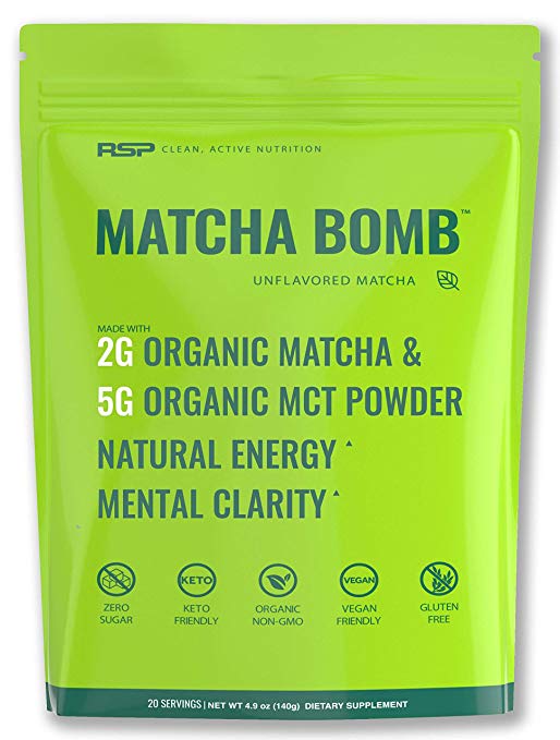 RSP Matcha Bomb - Organic Matcha Green Tea Powder with MCTs for Natural Energy and Clarity, Non-GMO, Keto Friendly, Vegan Friendly, Gluten Free, Unflavored Matcha (20 Servings)
