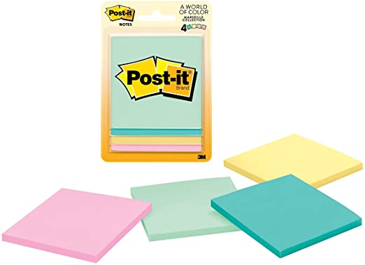 Post-it Notes, 3 in x 3 in, 4 Pads, America #1 Favorite Sticky Notes, Marseille Collection, Pastel Colors (Pink, Mint, Yellow), Recyclable (5401)