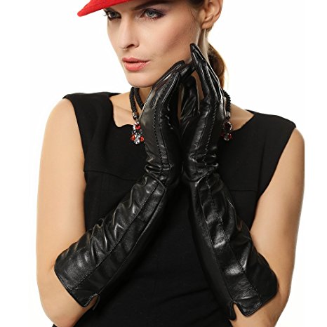 Suntasty Ladies Lambskin Genuine Long Leather Glove For Women Black