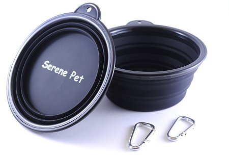 Collapsible Travel Dog Bowls by Serene Pet: 2 Bowl Pack, Jumbo Size for Medium and Large Size Pets, Premium Quality, Food Grade Silicone, FDA Approved, With Carabiners, Foldable and Expandable
