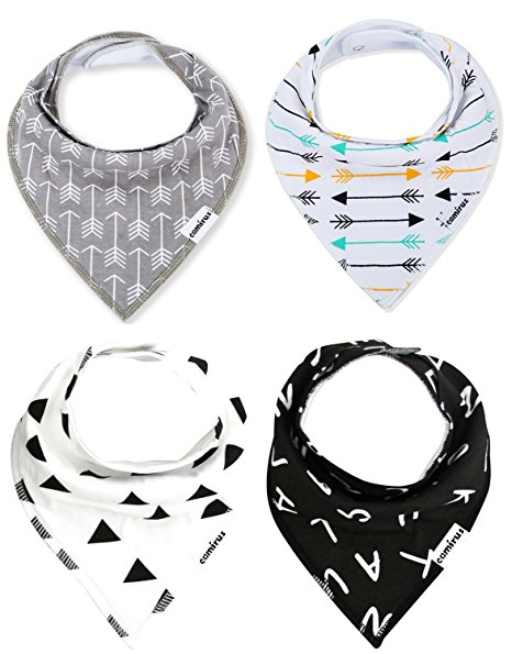Baby Bandana Bibs - Unisex 4 Pack Extra Absorbent Cotton Drool Bibs with Snaps for Boys & Girls Drooling and Teething, Perfect Baby Burp Cloth Gift Set By CAMIRUS (Black/White/Gray)