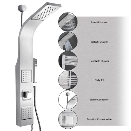 AKDY® 39" Stainless Steel Wall Mount Easy Connection Rainfall Waterfall Overhead Multi-Function Shower Tower Panel Massage Spray
