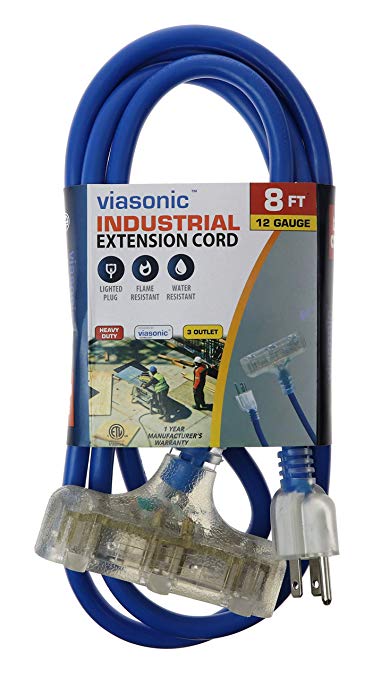 Viasonic 3 Outlet Premium Outdoor Extension Cord ETL listed - Super Heavy Duty & Durable - 12 Gauge - .15AMP-125V-1875W - Industrial Blue Cord, Premium Lighted Plug, by Unity (8 Ft)