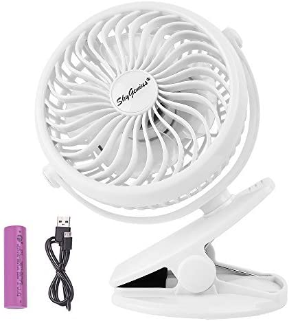 SkyGenius Battery Operated Clip on Stroller Fan, Portable Mini Desk Fan Rechargeable(White)