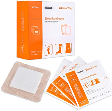 Silicone Foam Dressing with Adhesive Border 10 Pack, Painless Removal, High Absorbency, Waterproof Wound Bandage 4'' x 4'' for Pressure Ulcer, Leg Ulcer, Diabetic Ulcer