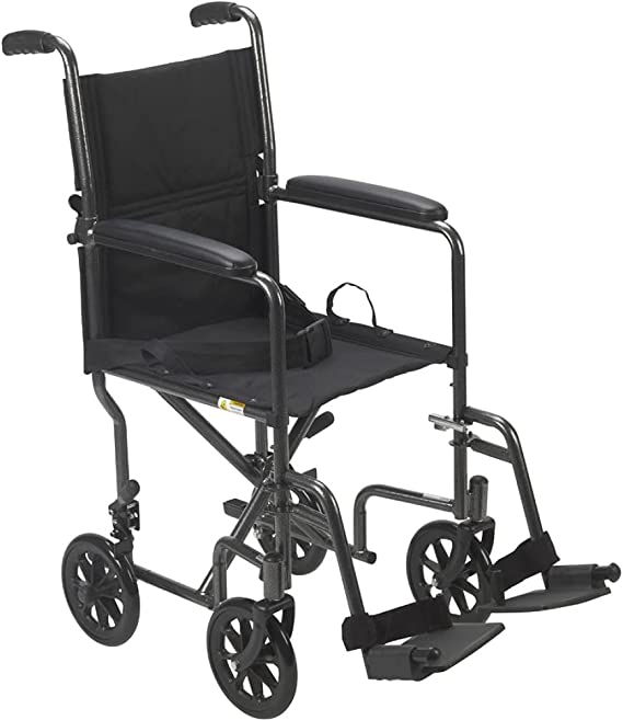 Drive Medical TR39E-SV Lightweight Steel Transport Wheelchair with 19" Seat, Fixed Full Arms, Silver Vein Frame and Black Upholstery, 250 lbs Weight Capacity, 8" Casters in Front and Rear