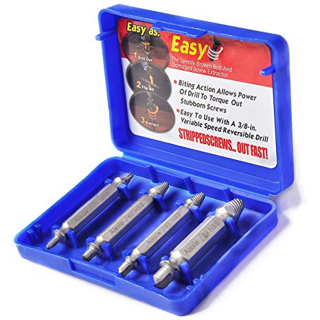 Damaged Screw Extractor and Remove Set by Aisxle,Easily Remove Stripped or Damaged Screws. Made From H.S.S. 4341#, the Hardness Is 62-63hrc,Set of 4 Stripped Screw Removers (HSS)
