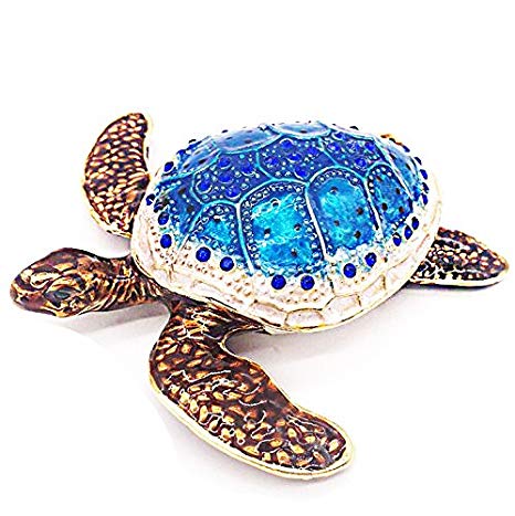 Waltz&F Sea Turtle Crystal Studded Pewter Jewelry Trinket Box Bejeweled Hand-painted Ring Holder Mother`s day Gift