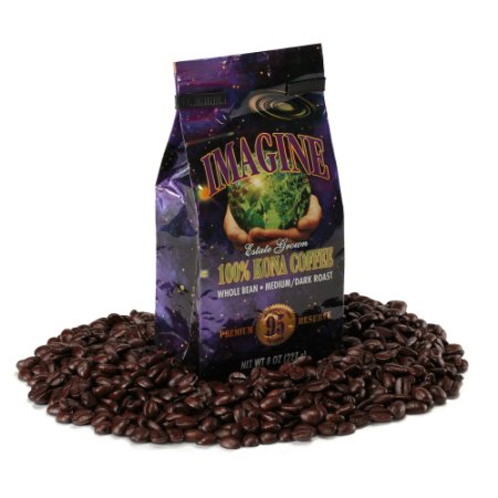 Kona Coffee Beans by Imagine - 100% Kona Hawaii - Medium Dark Roast Whole Bean - 8oz Bag