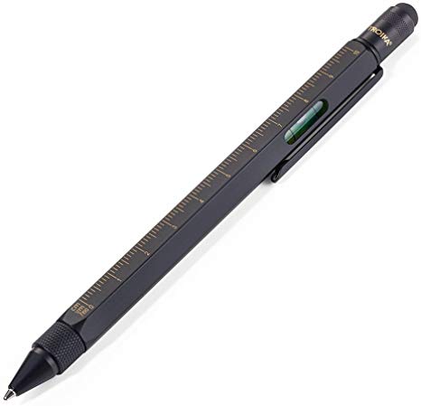 TROIKA CONSTRUCTION – PIP20/BG – Multitasking ballpoint pen – centimetre/inch ruler – 1:20 m/1:50 m scale – spirit level – brass– matt – laquered – black, gold – TROIKA-original