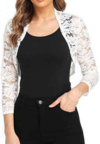 Dilgul Women's 3 4 Sleeve Shrugs Bolero Crochet Lace Open Cardigan Sheer Cover Up Jacket