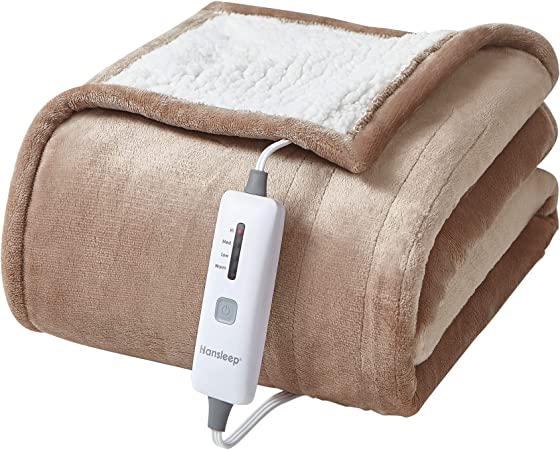 Hansleep Heated Blanket Electric Blanket Throw - Heating Blanket with 4 Heating Levels 4 Hours Auto Off, Super Cozy Machine Washable Sherpa Electric Throw Fast Heating, 50 x 60 Inches, Camel