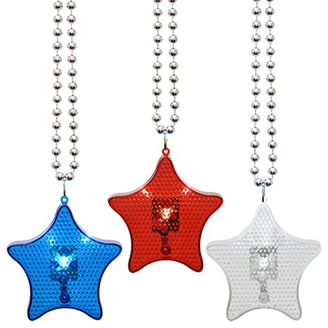Patriotic Flashing Light-Up Red White and Blue Star Beaded Necklace, 18" - 3-Pack