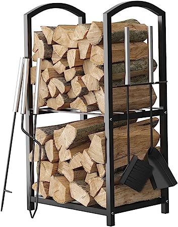 Home-it Firewood Rack - 2-Tier Outdoor Firewood Holder - 4 Hanging Hooks For Fireplace Tools Set, Poker, Tongs - Waterproof, Rust-Proof Steel Pipe Log Holder with Black Powder Coat Finish - 17x12x29