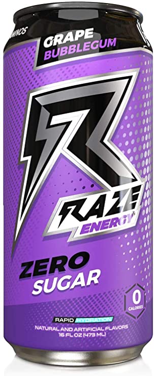 Raze Energy Drink | Performance and Hydration | Sugar Free, Zero Calorie Energy Drink - Grape Bubblegum 12 Pack