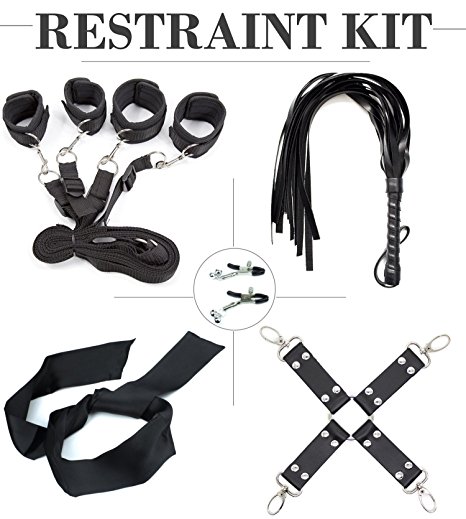 Under Bed Bondage Restraints For Sex | Black Adjustable Fetish Love Kit For Kinky Couples | Ultimate BDSM Sex Toys Set With Ankle & Wrist Handcuffs, Eye Mask, Nipple Clamps, Leather Whip & Cross Strap