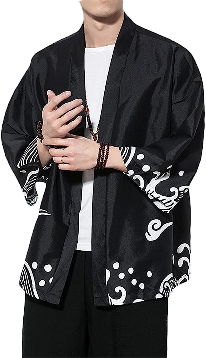 PRIJOUHE Men's Kimono Cardigan Jacket Japanese Style Flying Crane Seven Sleeves Open Front Coat